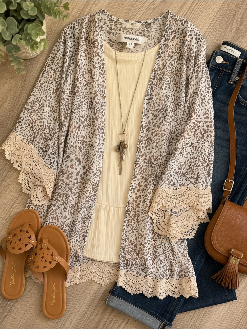 Maurices Animal Print Kimono Ribbed Tank & Necklace 3-Piece Set Small